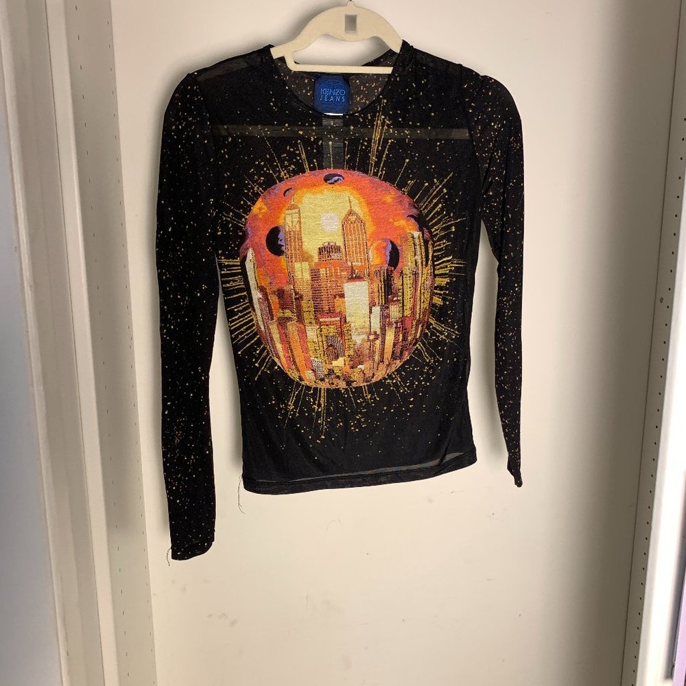 Vintage Kenzo black mesh top -  Multi Iconic sunburst cityscape print - Size S